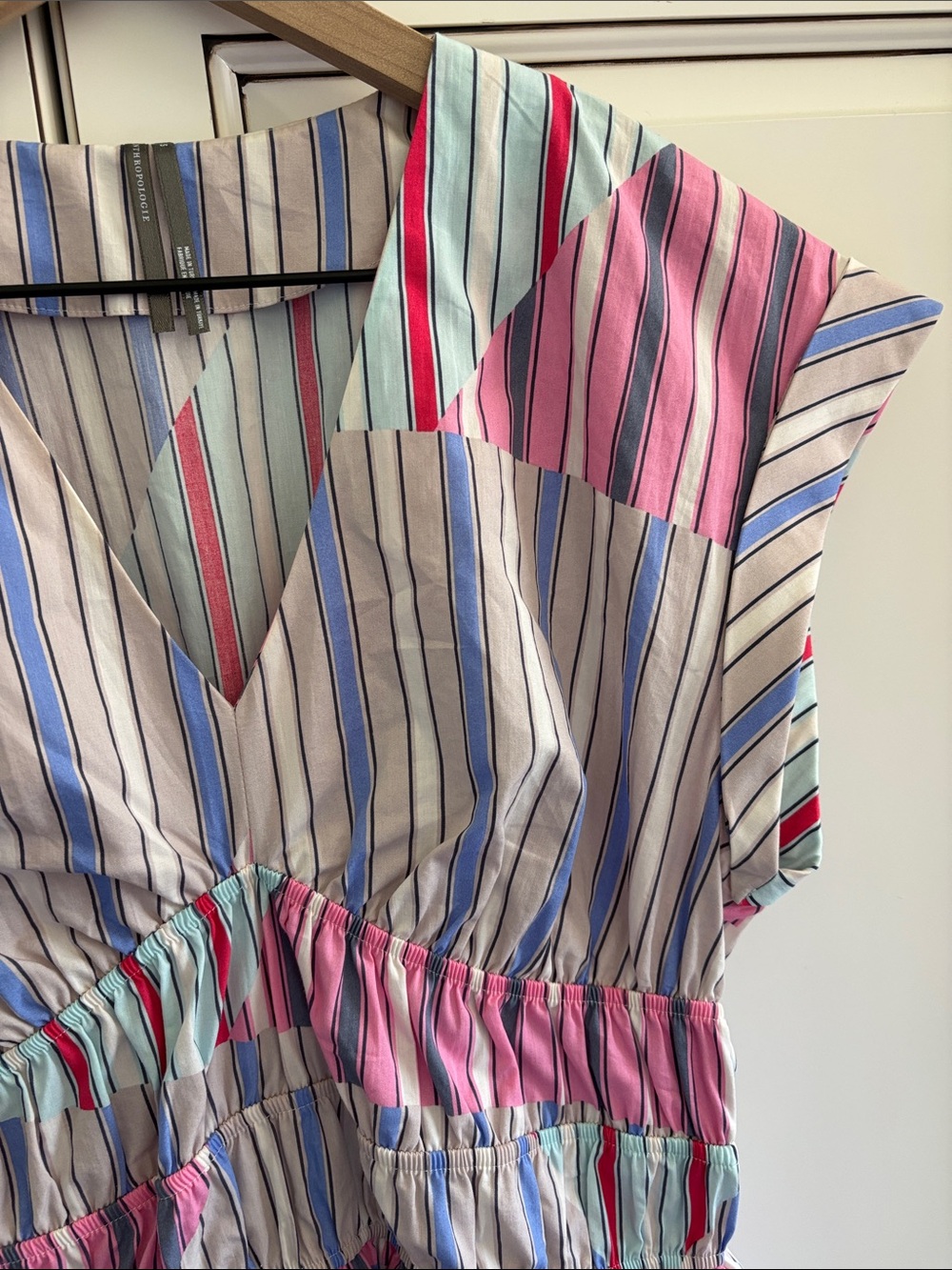 Anthropologie Vneck Striped Stretch Mini Dress Beach Travel College Womens Small - Picture 5 of 16